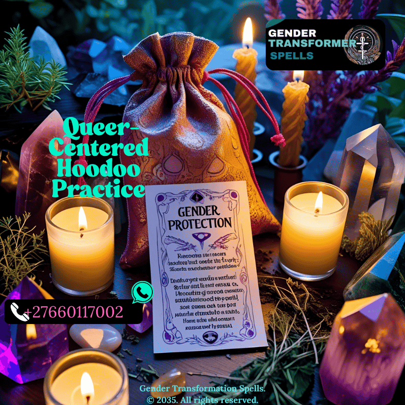 Mojo bag and candle spell set up for gender protection on altar