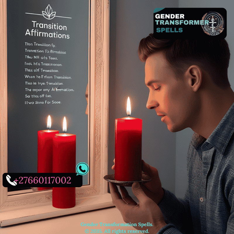 Person lighting a red candle in front of a mirror with transition affirmations. (1)