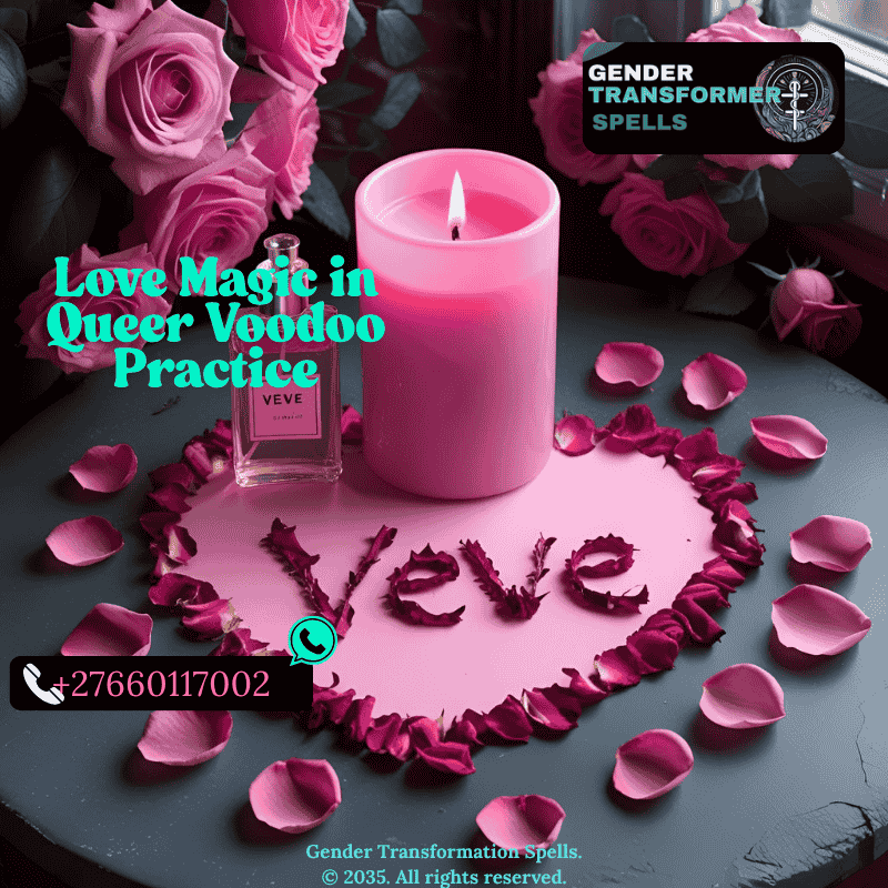 Queer love altar with pink candle, perfume, and veve drawn in rose petals (1)