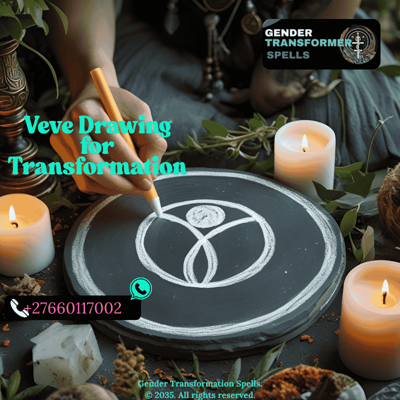 _hand drawing a veve symbol for transformation on altar with chalk and candles