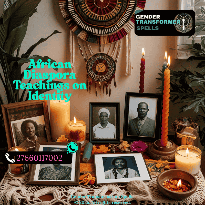 African diaspora altar with ancestral photos, candles, and spiritual symbols representing identity