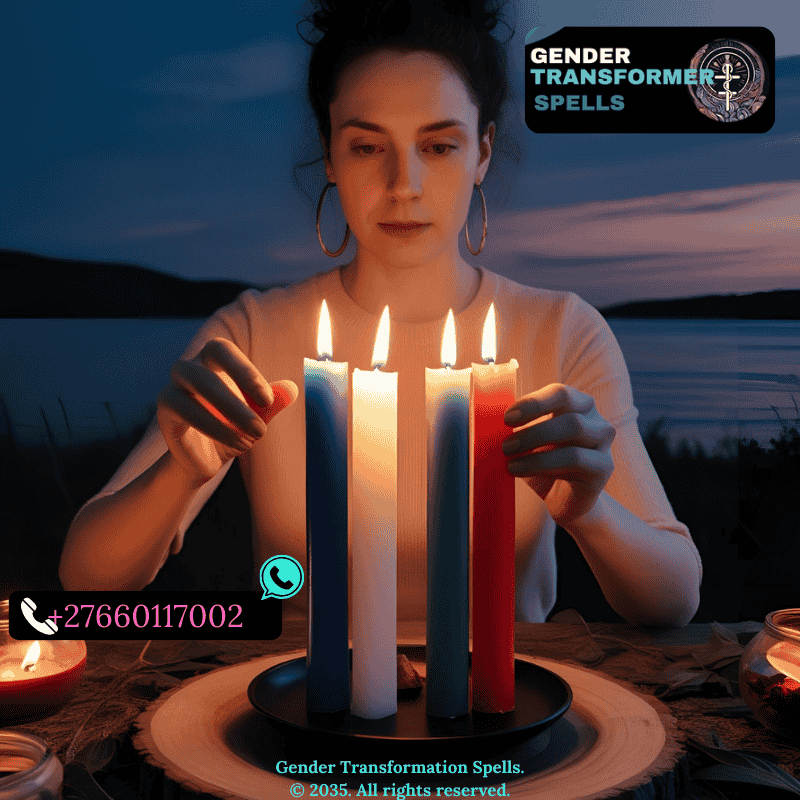 Gender fluid person lighting dual-colored candle in moonlit spell ritual. (1)