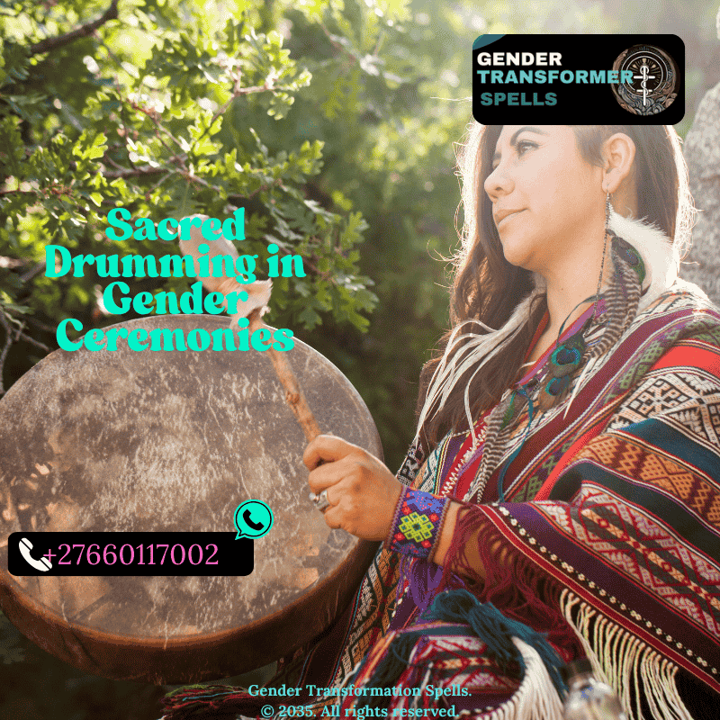 Group drumming during a queer gender blessing ceremony outdoors