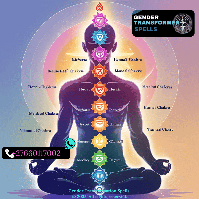 Illustration of the seven chakras aligned along a human silhouette, each labeled with its name and associated color