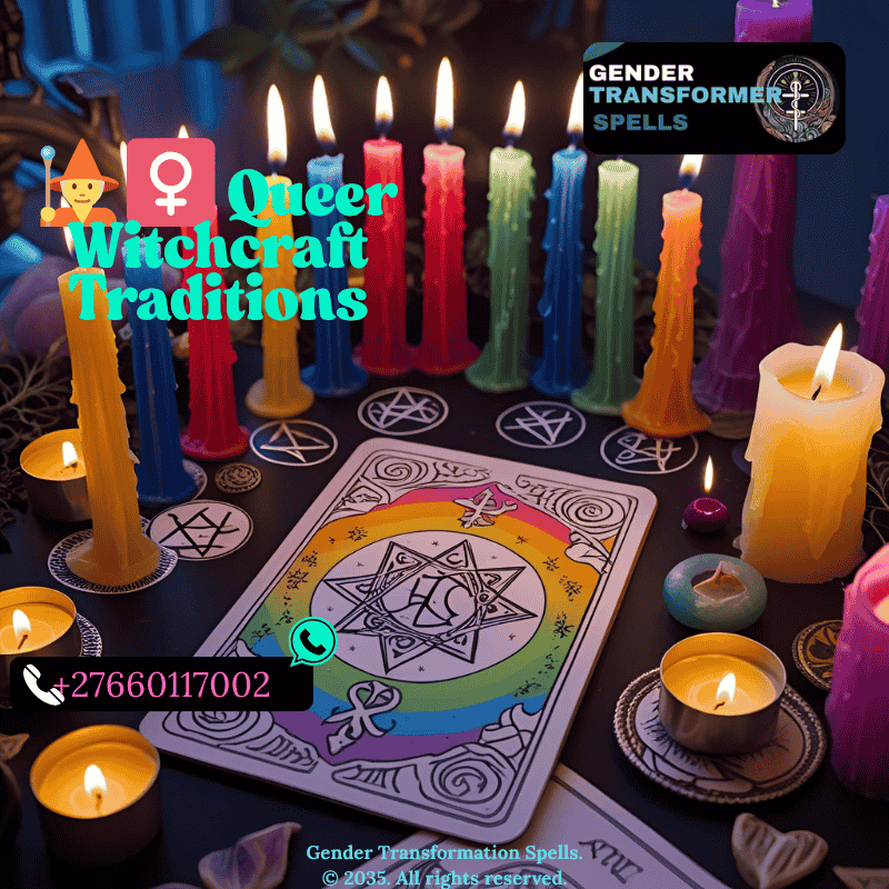 Queer altar with rainbow candles, sigils, and tarot deck