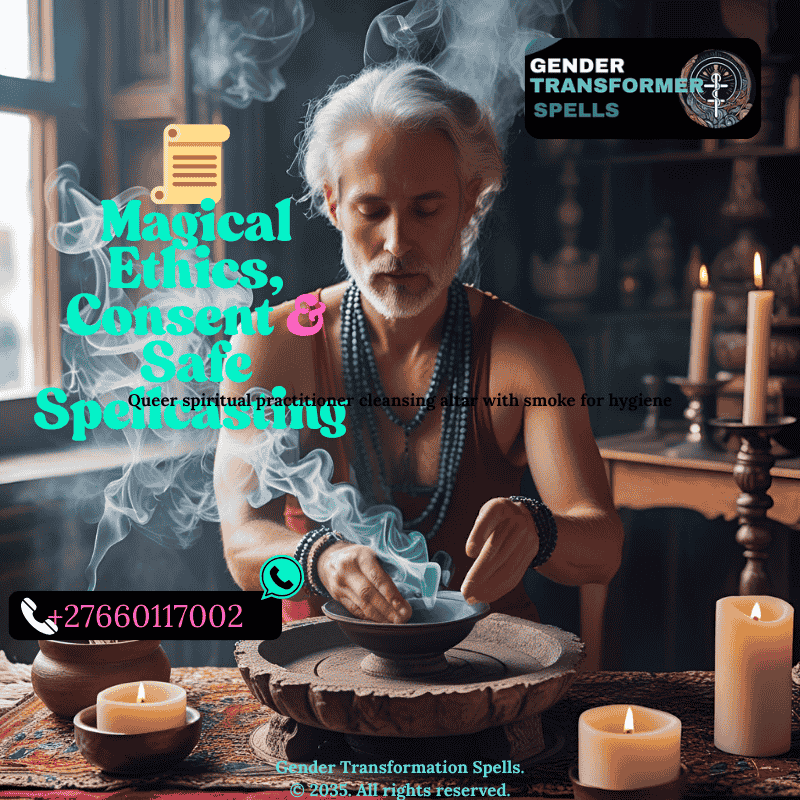 Queer spiritual practitioner cleansing altar with smoke for hygiene