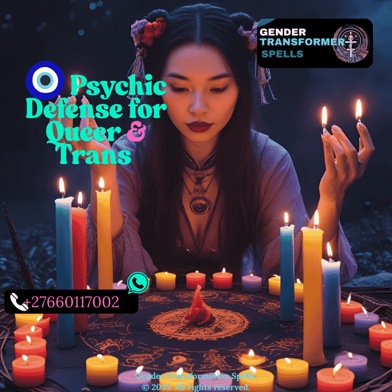 Queer witch casting a protective circle with rainbow candles