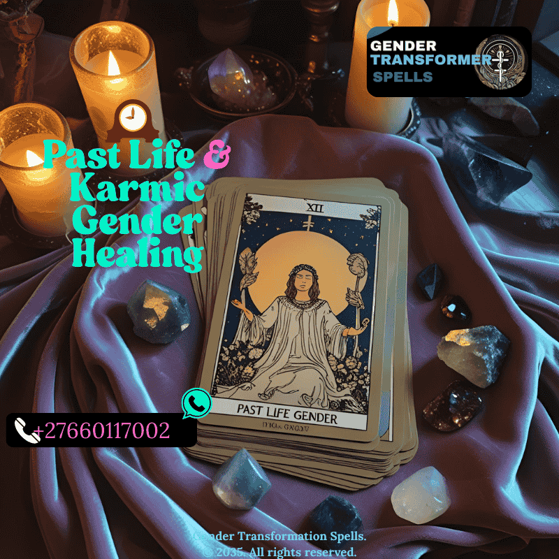 Tarot cards and crystals arranged for past life gender reading