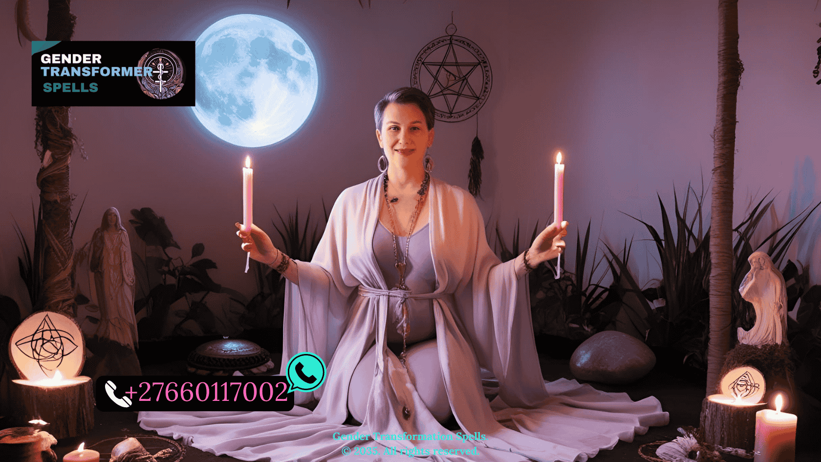Transgender woman in a ritual space holding pink candles during a full moon spell (2)