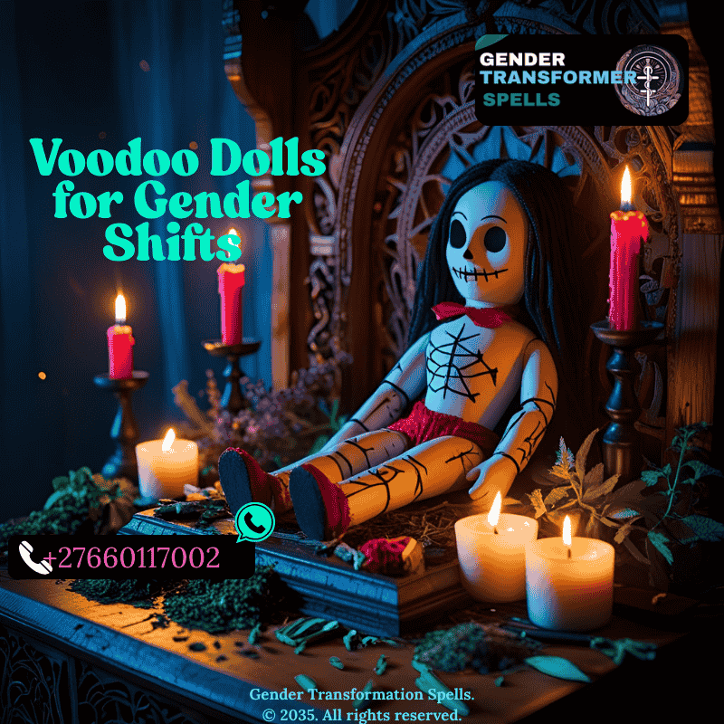 Voodoo doll on altar surrounded by candles and herbs