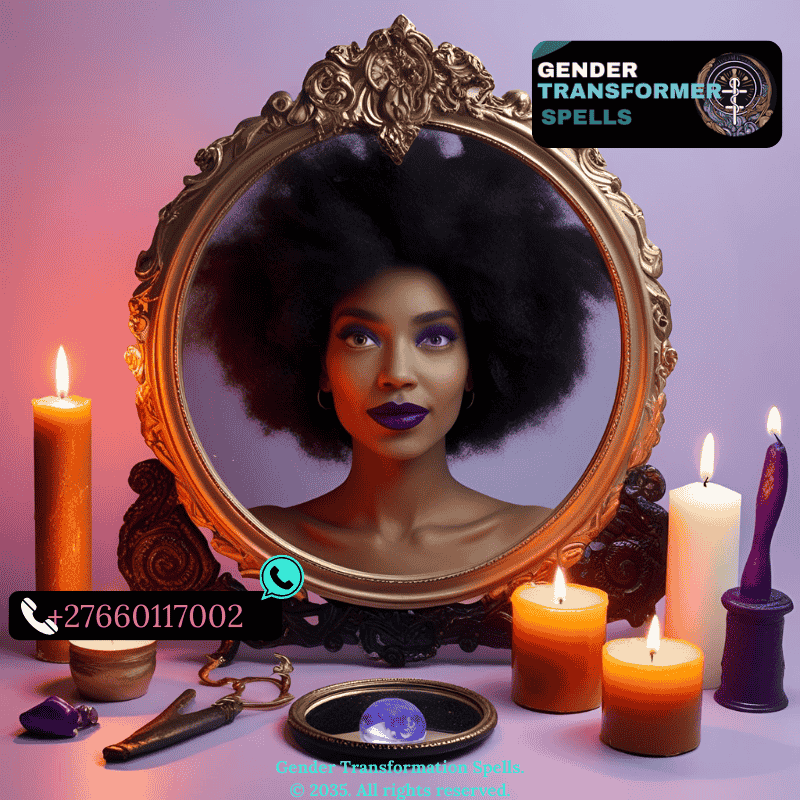 hair voice style transformation spellcraft with magical mirror, candles, and gender expression tools