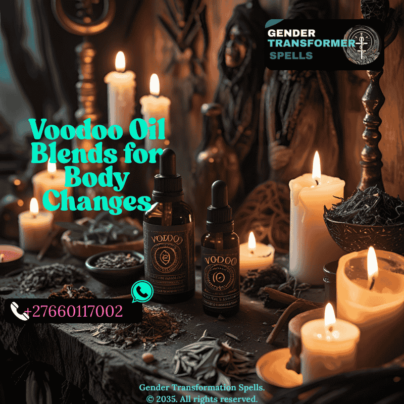 ritual voodoo oil blends for body changes on altar with herbs and candles